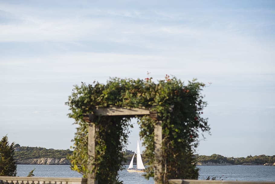 water, ocean, summer, wedding, boat, sail boat, shore, sky HD wallpaper
