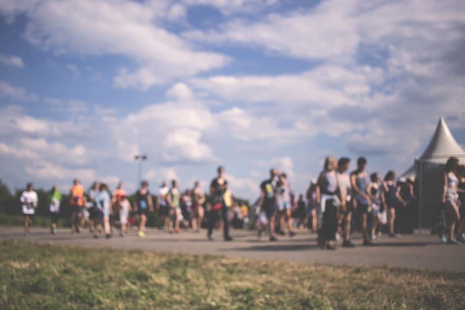clouds, sky, people, crowd, men, women, walking, street, road HD wallpaper