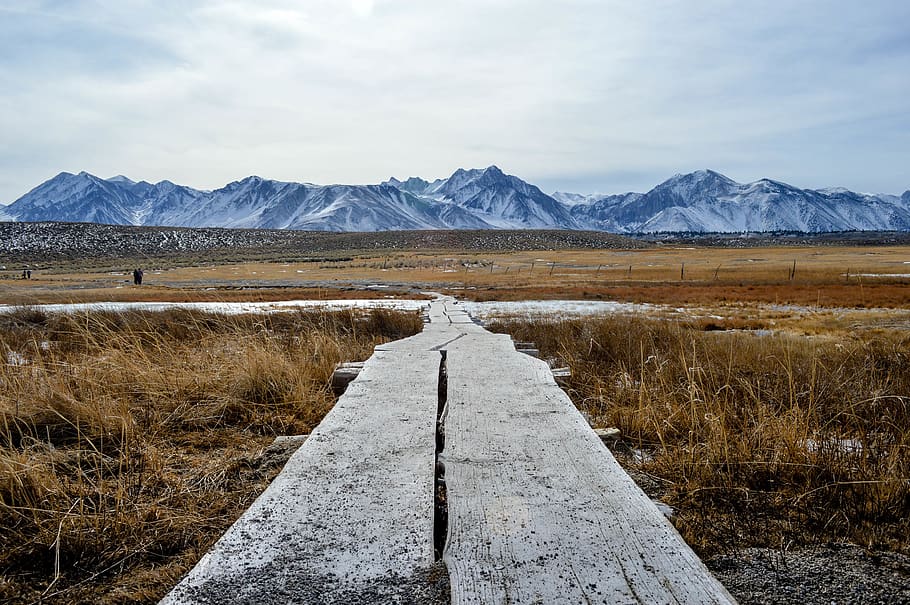 gray wooden bridge, path, mountains, grass, outdoors, mountain range HD wallpaper
