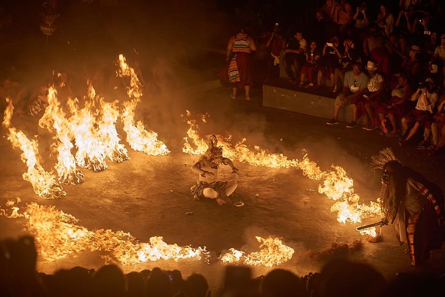 fire, human, person, flame, bonfire, crowd, night, smoke, mask HD wallpaper