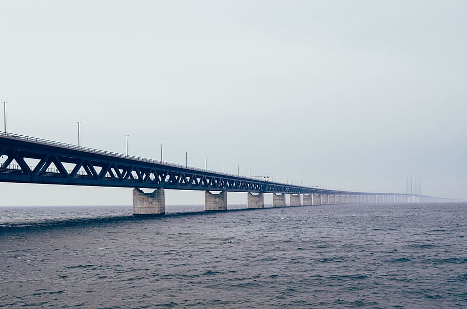 long, bridge, metal, construction, nature, water, flow, river HD wallpaper
