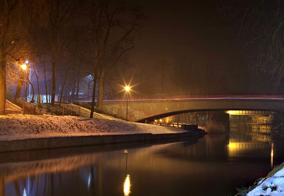 bridge, channel, winter, night, leat, opole, water, snow, city HD wallpaper