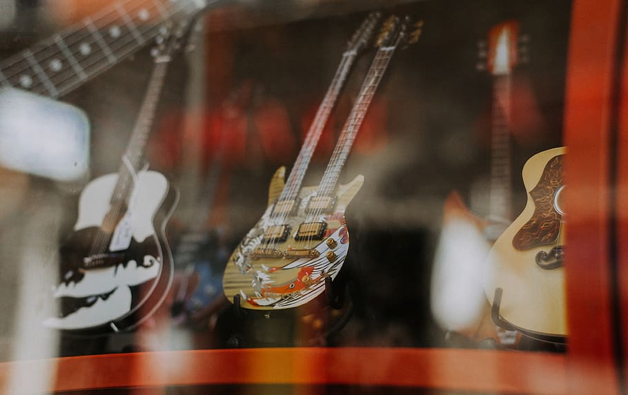 assorted guitars miniatures, electric guitar, leisure activities HD wallpaper