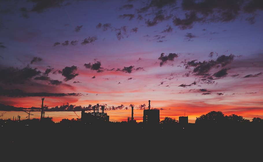 View of City at Sunset, architecture, backlit, building, chimney HD wallpaper