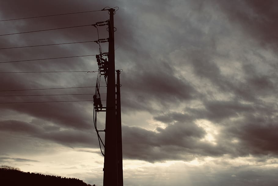 Electric Post Under Gray Sky, dark clouds, dawn, electric current HD wallpaper