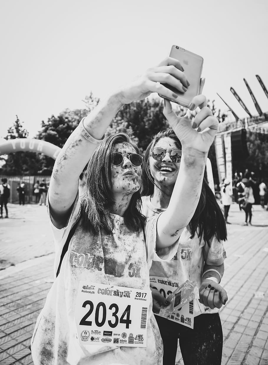 Two Women Taking Picture, action, adults, black and-white, celebration HD wallpaper