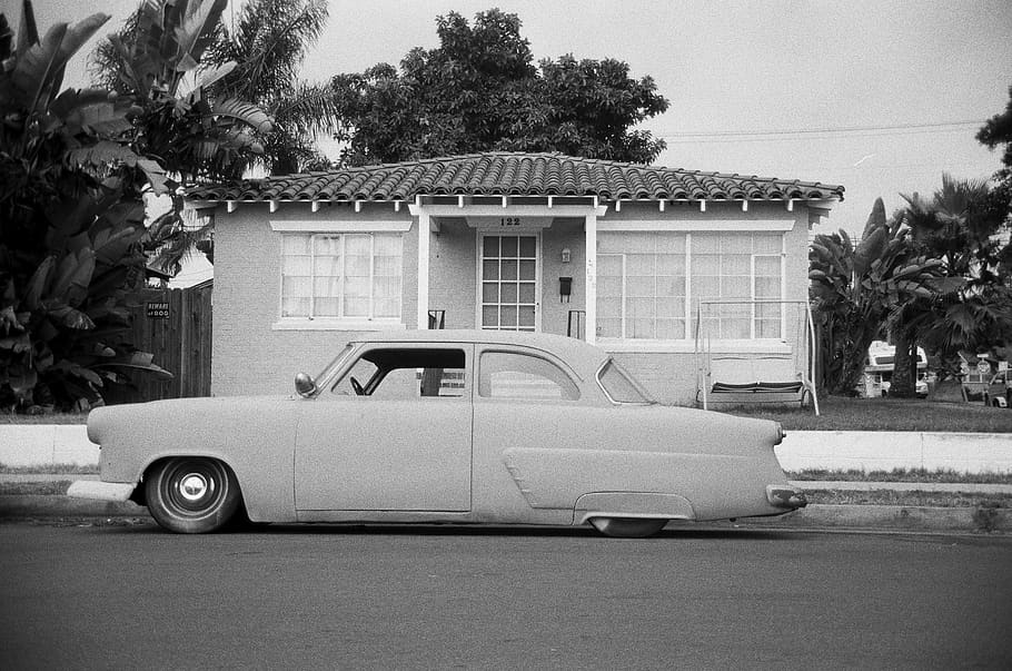 grayscale coupe parked on roadside, car, oceanside, automobile HD wallpaper