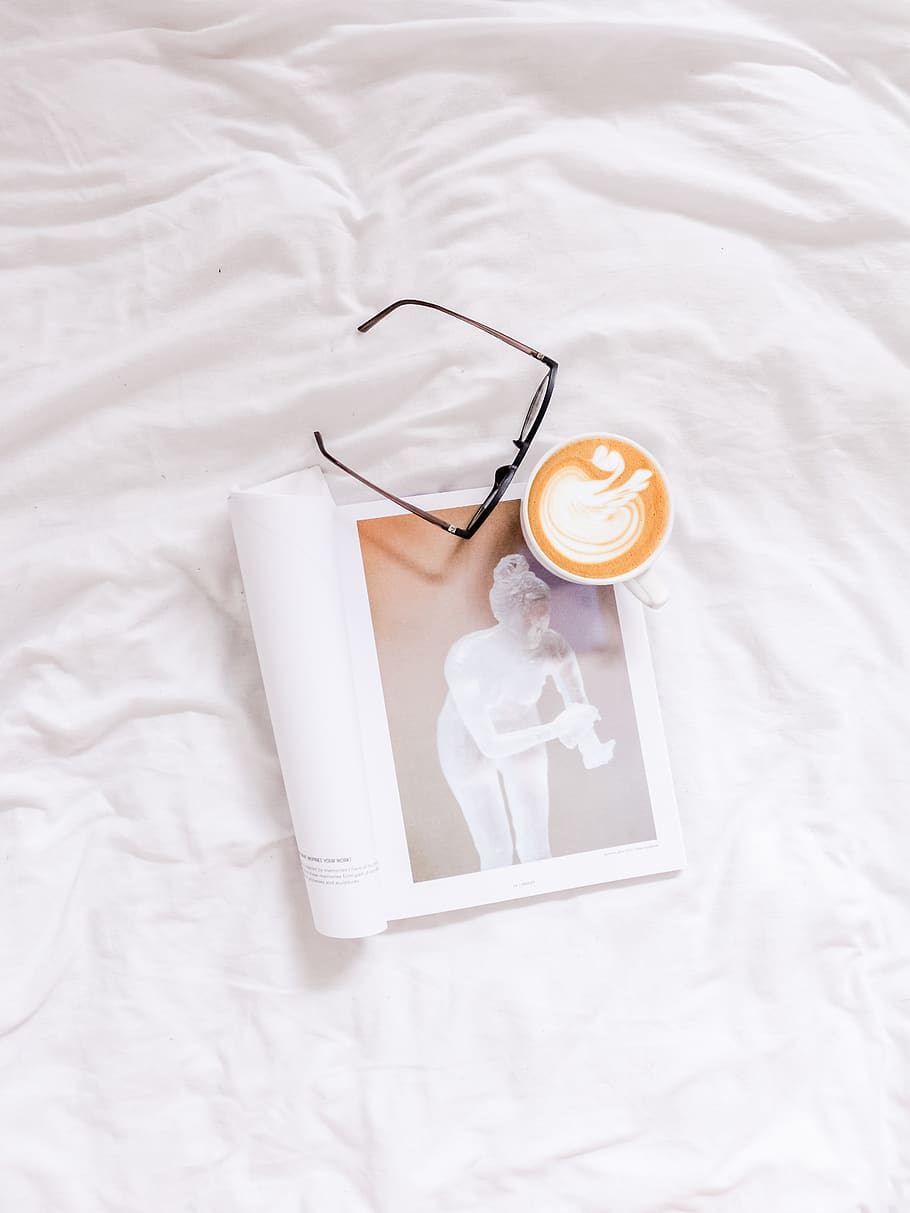 latte on white book, bed, high angle view, indoors, furniture HD wallpaper