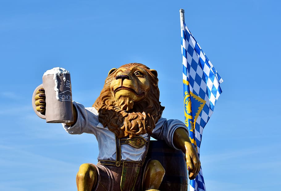 lion, figure, beer mug, barrel, beer tent, bavaria, oktoberfest, HD wallpaper