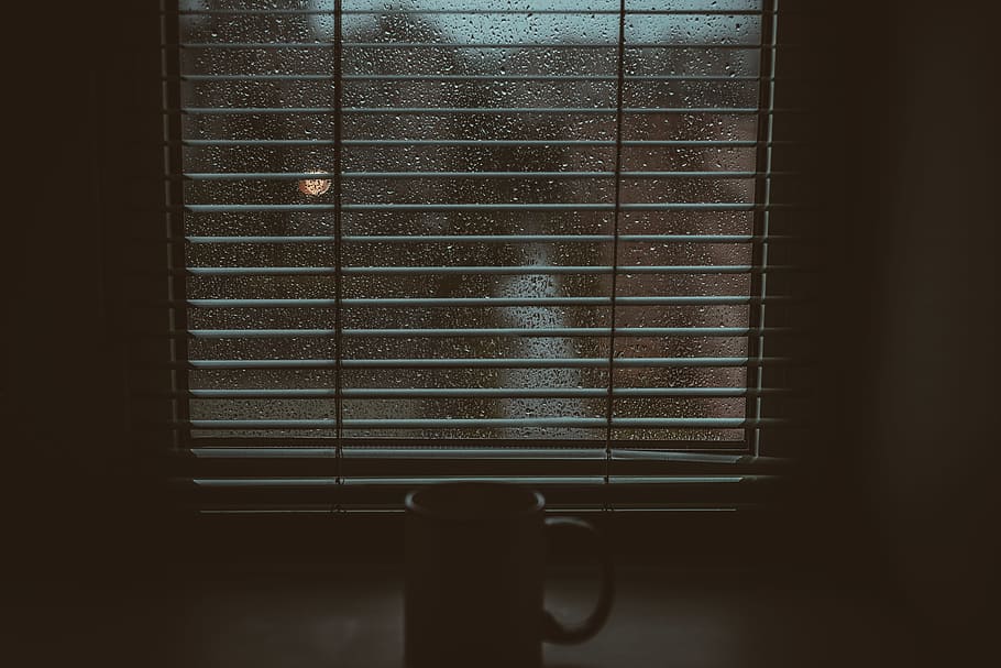 mug near opened window blinds, rain, coffee, autumn, tea, home, HD wallpaper