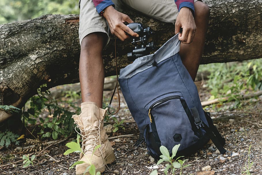 boot, backpack, binoculars, explore, nature, outdoor, man, black man HD wallpaper