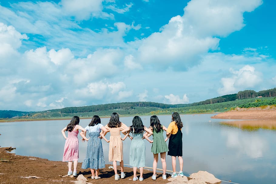 Six Girl's Standing in Front of Lake, blue sky, clouds, cloudy HD wallpaper