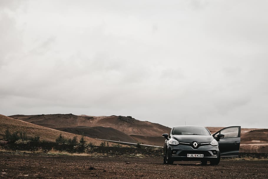 black Renault parked with drivers door opened, iceland, car, landscape HD wallpaper