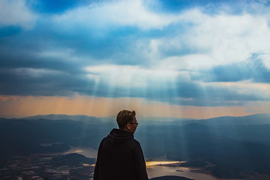 Man Wearing Black Jacket Above The Mountain, alone, clouds, fog HD wallpaper