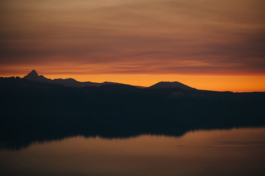 silhouette of mountains near body of water, sky, lake, forest HD wallpaper