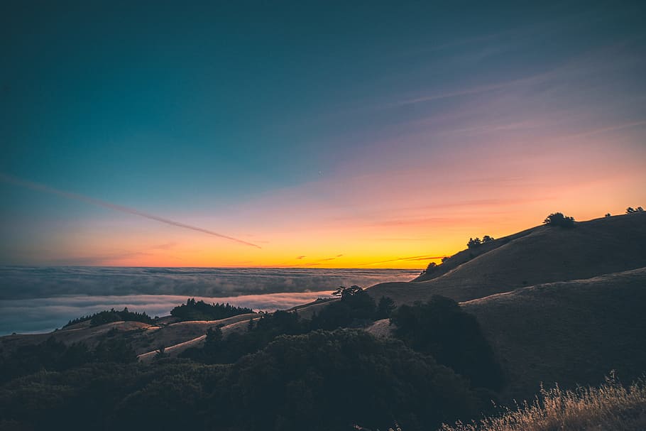 scenery of mountain, ridge, sunset, sunrise, yellow, orange, gradient HD wallpaper