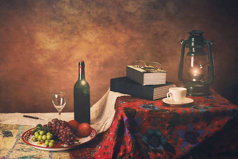 still life, fruits, books, cup, tea, lamp, wine, glass, bottle, HD wallpaper