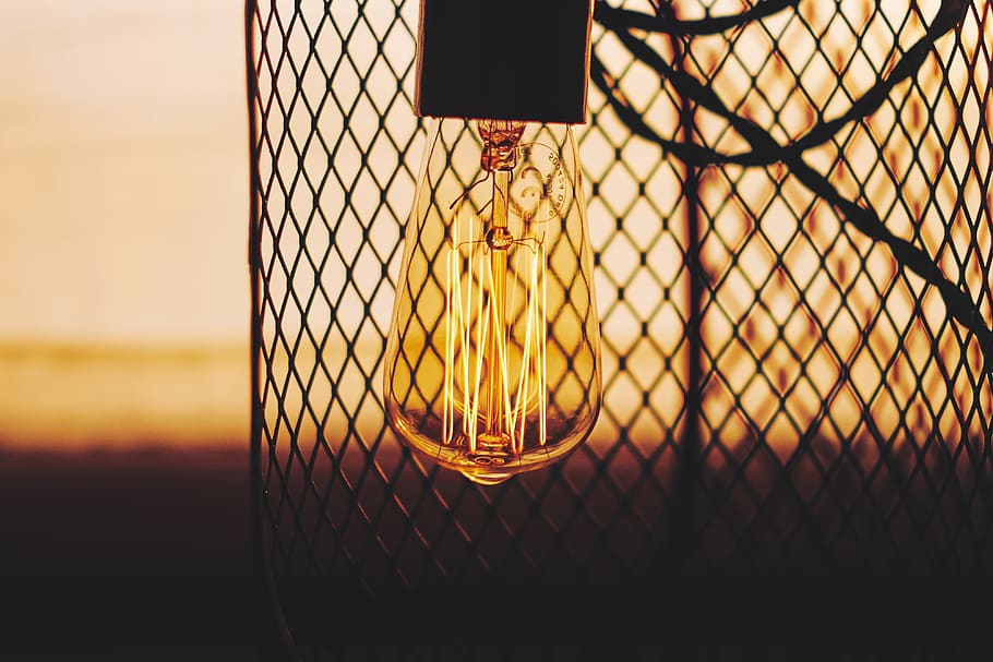 light, bulb, design, art, sunset, dark, wire, close-up, focus on foreground HD wallpaper