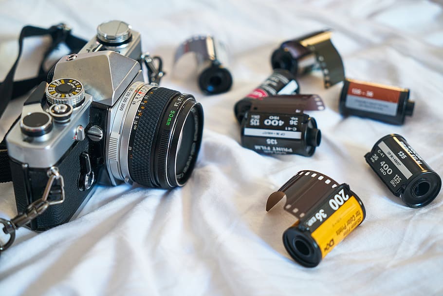 Black and Silver Camera, Analogue, aperture, blur, classic, close-up