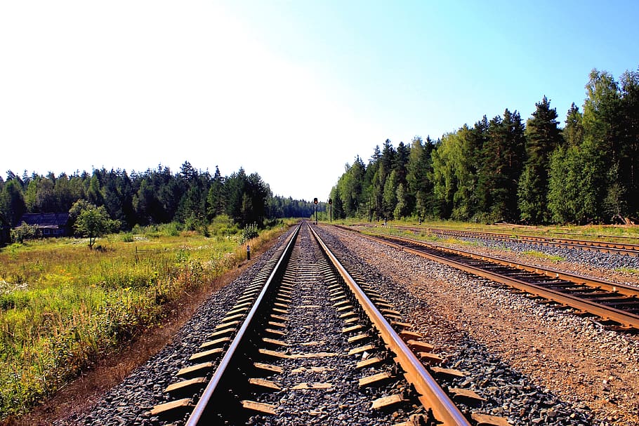 blue, sky, green, trees, forest, train tracks, railroad, pebbles HD wallpaper