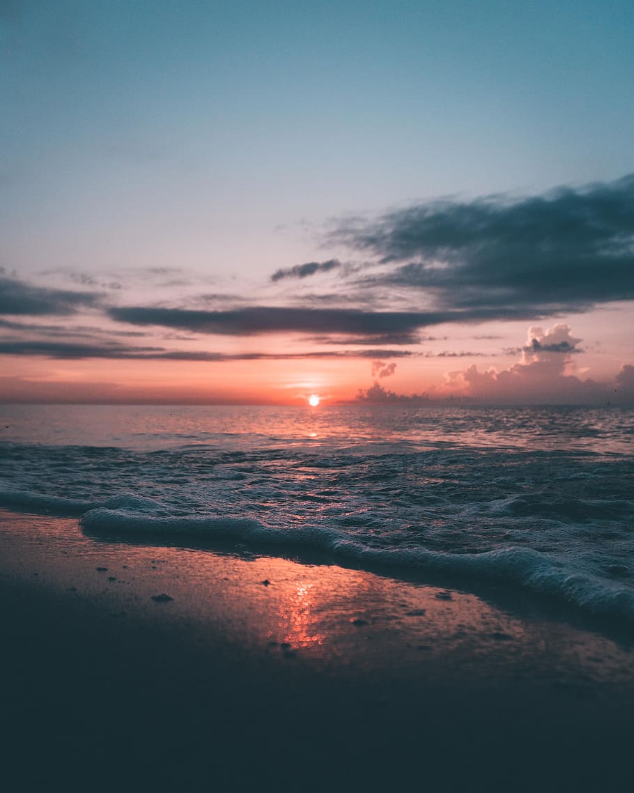 beach during dawn, sunset, sunrise, ocean, miami, florida, peace HD wallpaper
