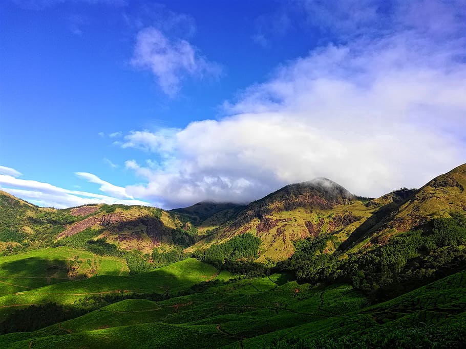 Green Mountain Under Cloudy Sky, background, beautiful, blue HD wallpaper