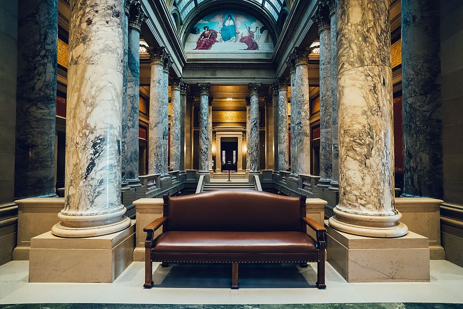 Brown Leather Sofa Chair, architecture, building, columns, indoors HD wallpaper