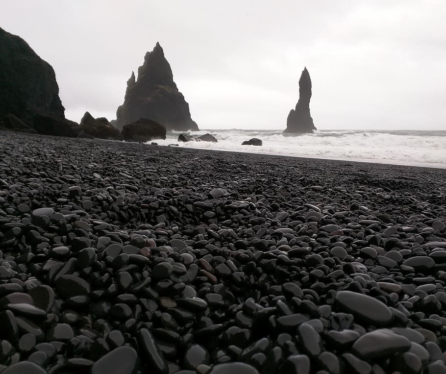iceland, vik, cold, river rocks, beach, ocean, black sand beach HD wallpaper