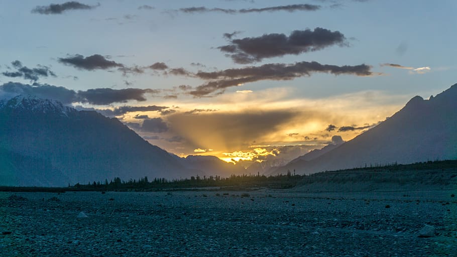 hunder, nubra valley, india, cloud, desert, sunset, trees, sky, HD wallpaper