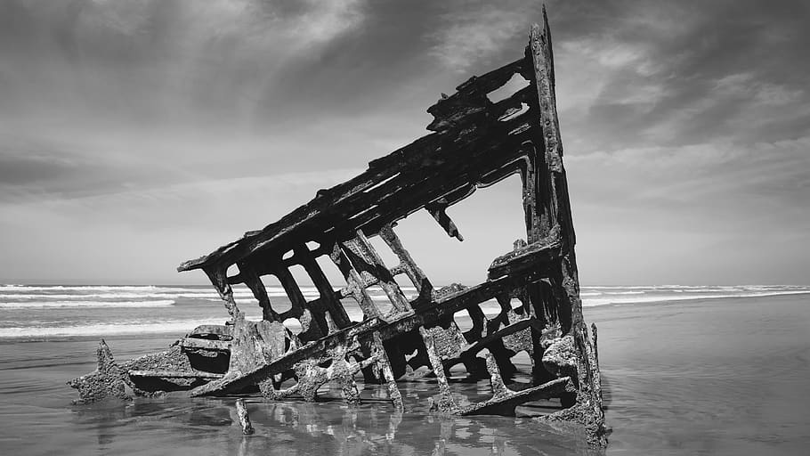 ship, sea, ocean, beach, waves, shore, sky, clouds, landscape HD wallpaper