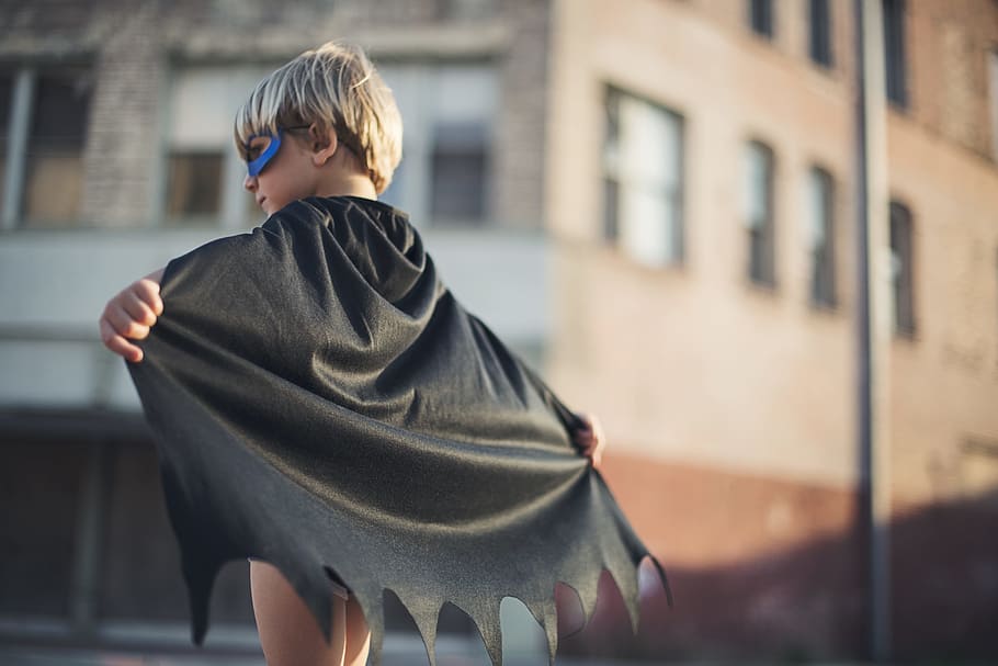 selective focus photography of boy wearing black Batman cape, HD wallpaper
