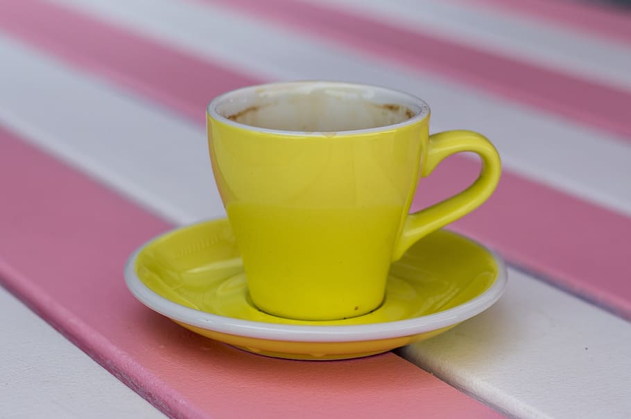 coffee, cup, yellow, table, saucer, pink, white, stripes, bright colours HD wallpaper
