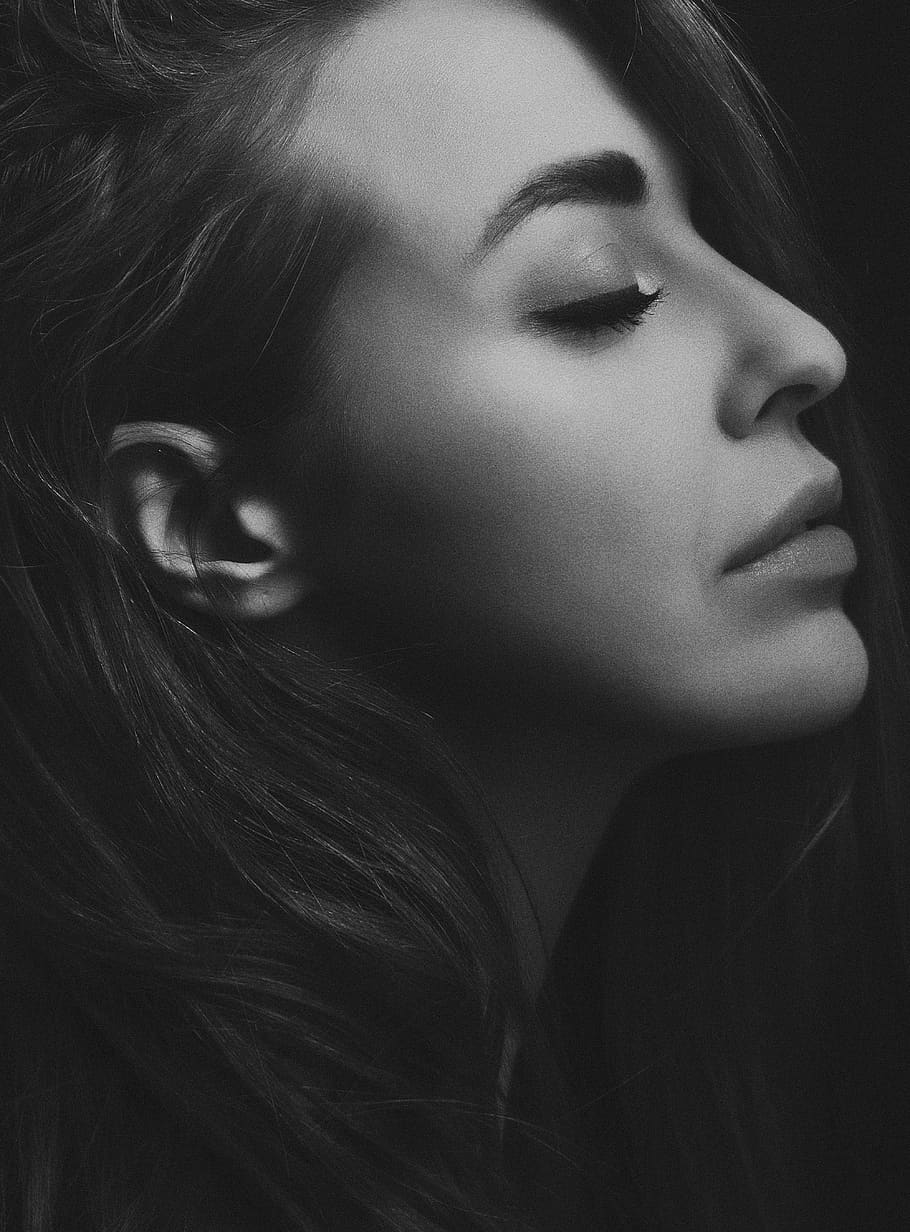 grayscale photography of woman facing sideways, young women, young adult