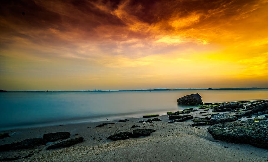 Black Rock Formation in Shoreline, beach, beautiful, cloud, coast HD wallpaper