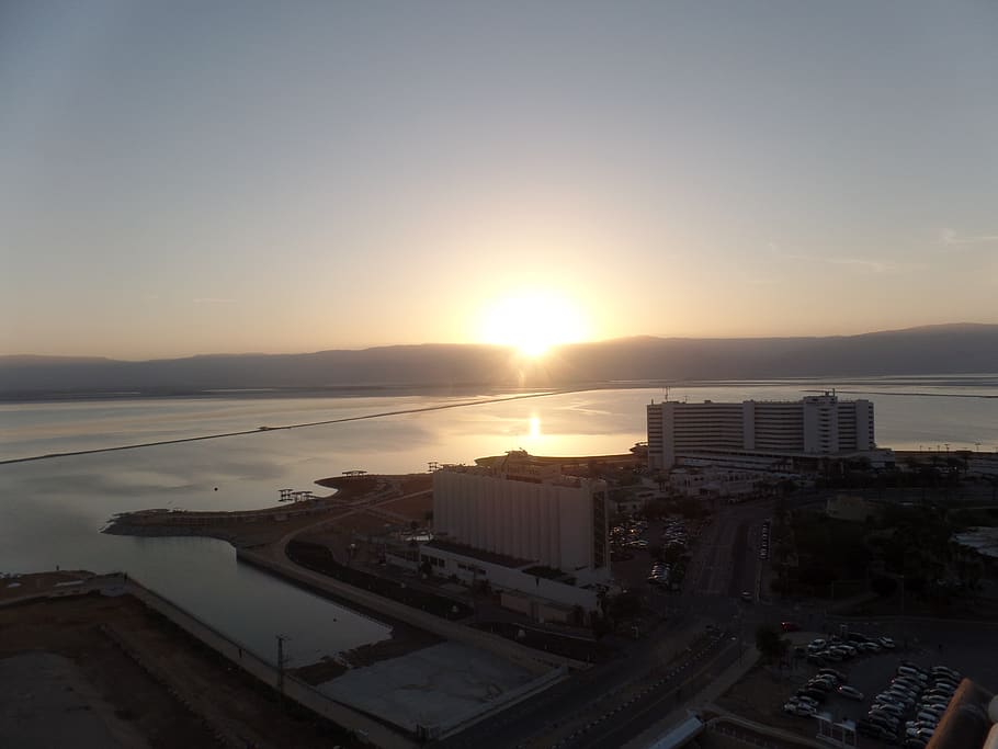A sunset in the horizon, in a city in Israel., dead sea, mountains