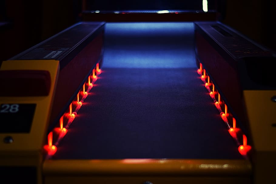 Brown and Red Arcade Console, action, blur, bowling, dark, equipment HD wallpaper