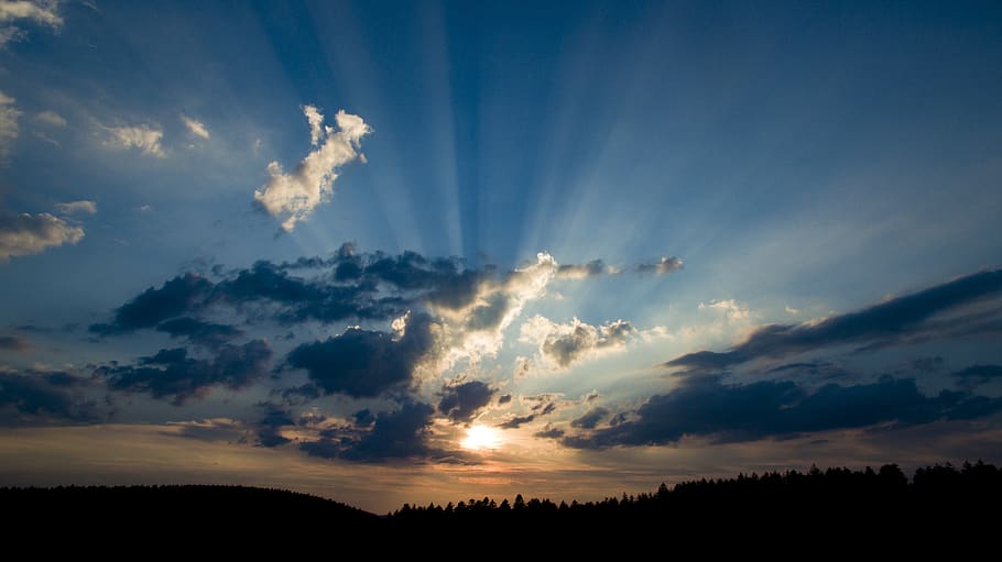 sky, black forest, clouds, landscape, nature, sun, rays, light HD wallpaper
