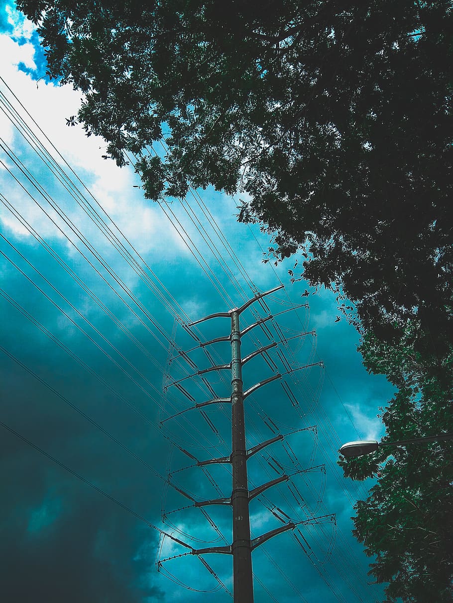 blue, sky, storm, clouds, dark clouds, pylon, power, power line HD wallpaper
