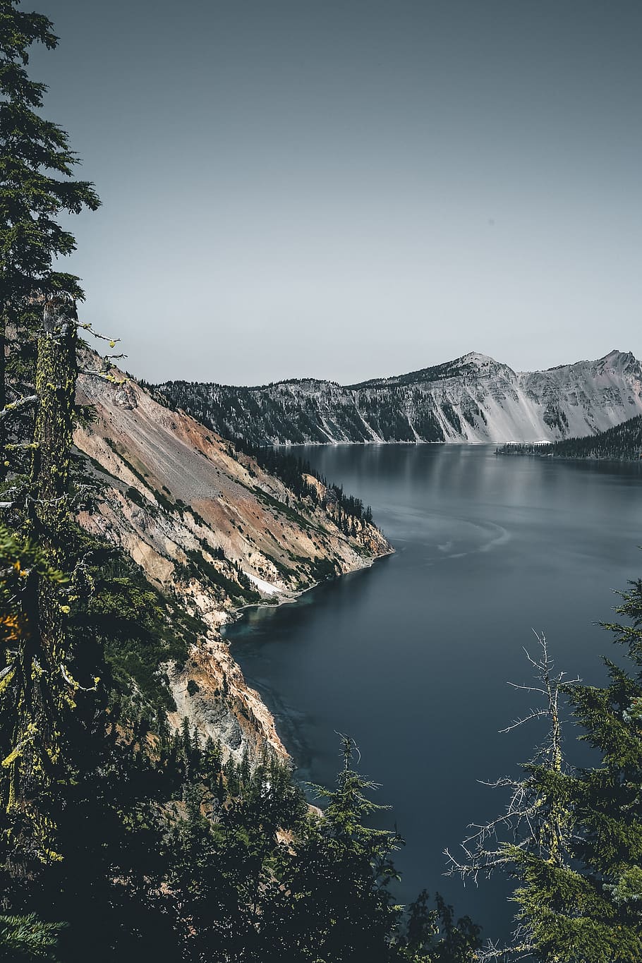 lake, crator, mountain, forest, water, nature, trail, adventure HD wallpaper