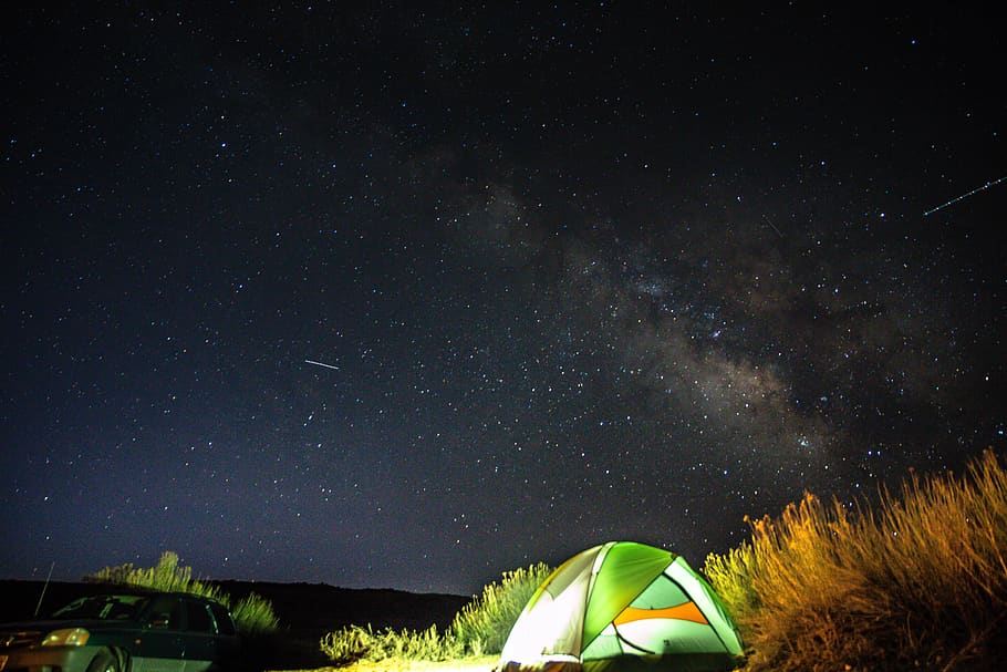 sky, cloud, night, stars, galaxy, grass, tent, camping, outdoor HD wallpaper