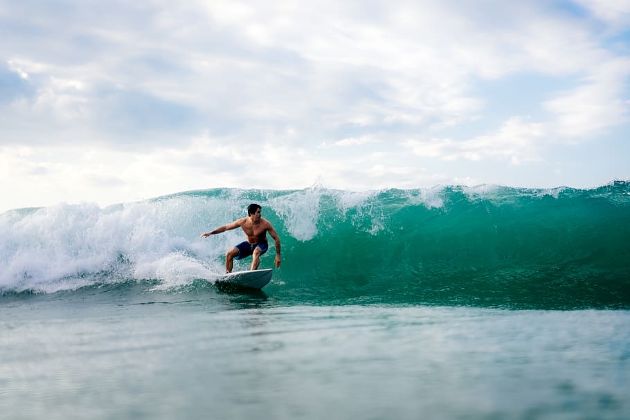 man surfing on waves, one person, water, cloud - sky, adventure HD wallpaper