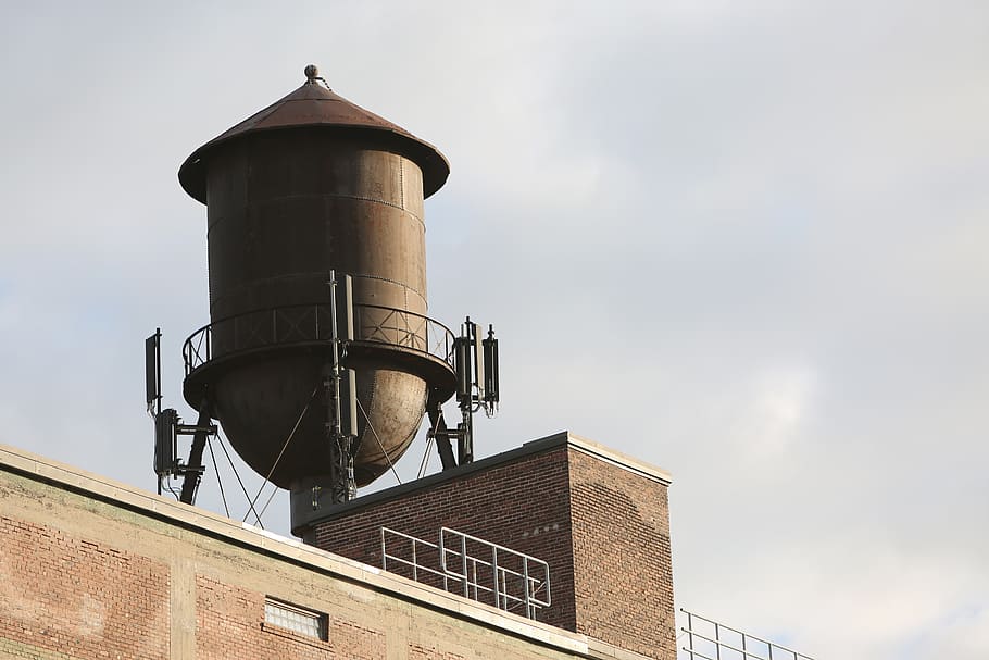 water tower, building, rooftop, bricks, wall, built structure HD wallpaper