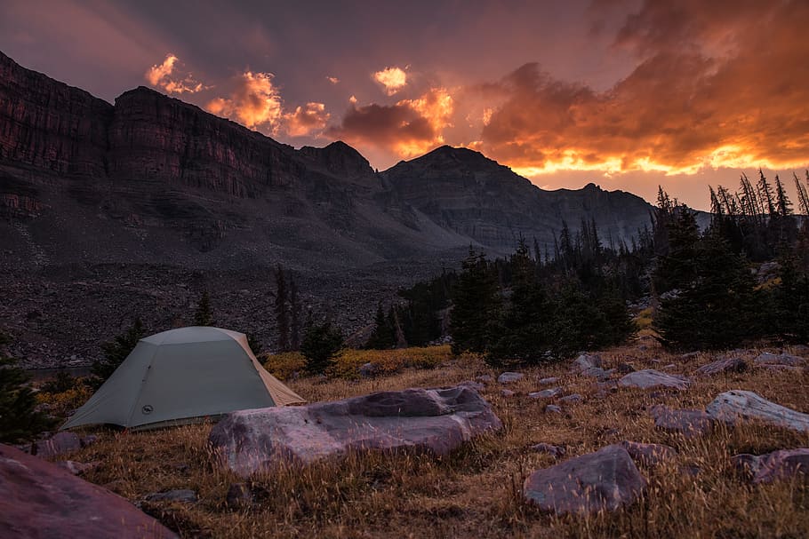 white dome tent, camping, mountain, sunset, adventure, hiking