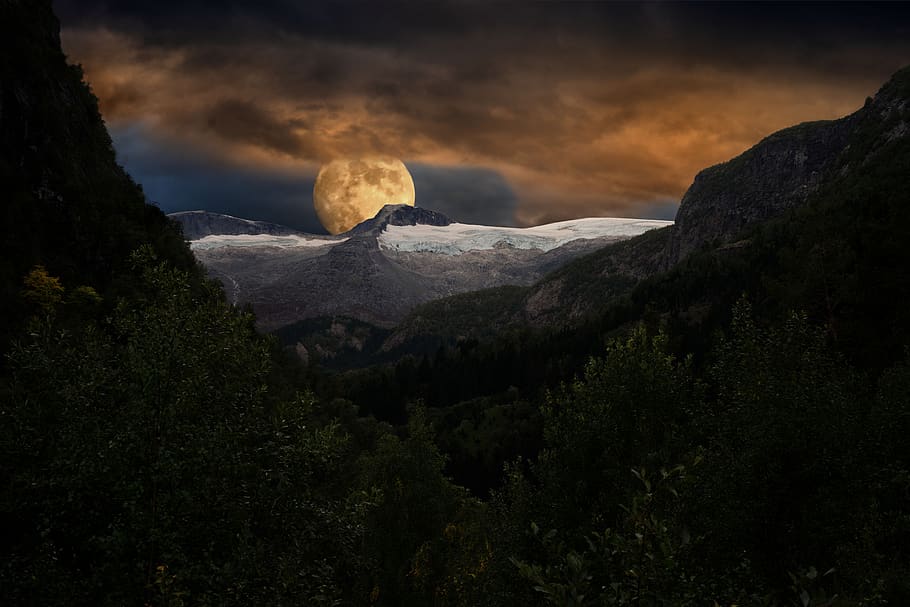 moon, night, moonlight, glacier, nature, mountain, snow, sky HD wallpaper