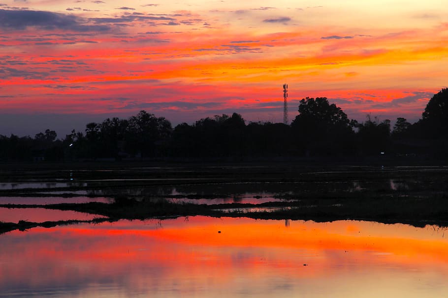 sunset, sky, sunrise, landscape, dawn, nature, sunny, orange HD wallpaper