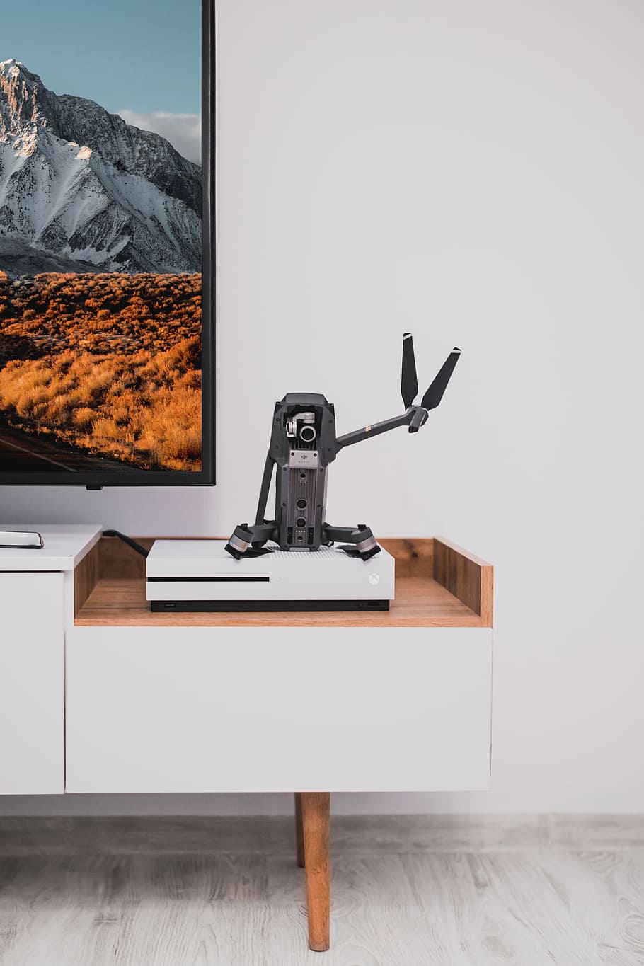 gray quadcopter on white Microsoft Xbox One, drone, screen, tv HD wallpaper