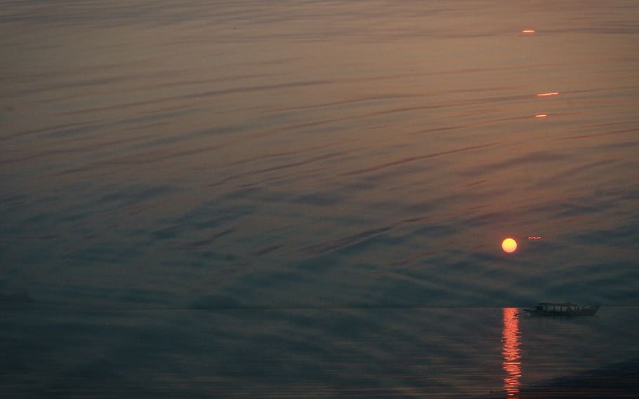 myanmar (burma), sunset, red, boat, water, lake, double exposure HD wallpaper