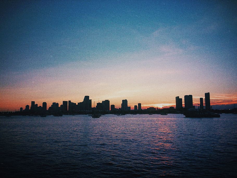 miami, skyline, sunset, ocean, boat, water, cityscape, building exterior