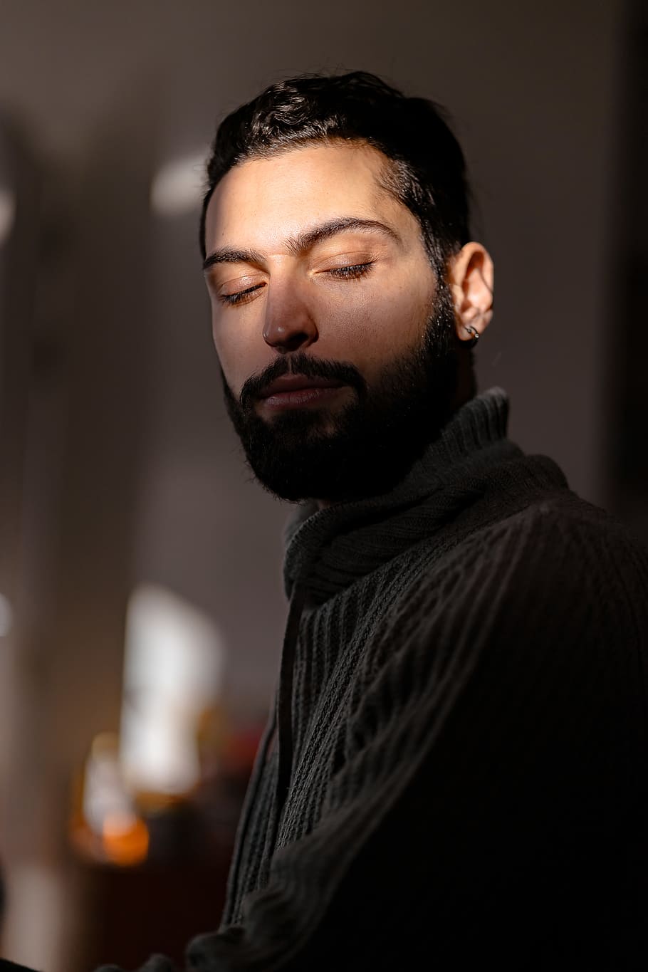 man closing both eyes, one person, young adult, indoors, beard HD wallpaper
