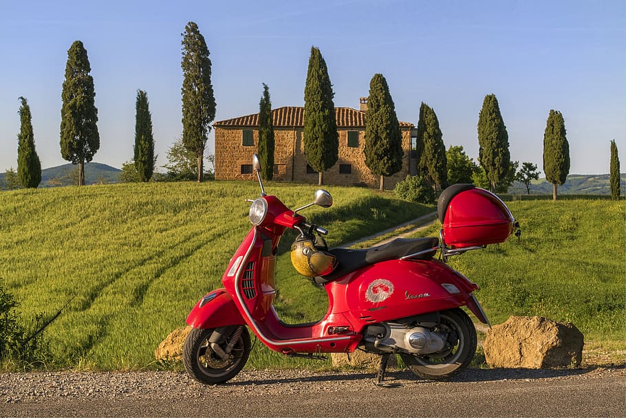 italy, val d'orcia, pienza, tuscany, europe, vespa, mode of transportation, HD wallpaper